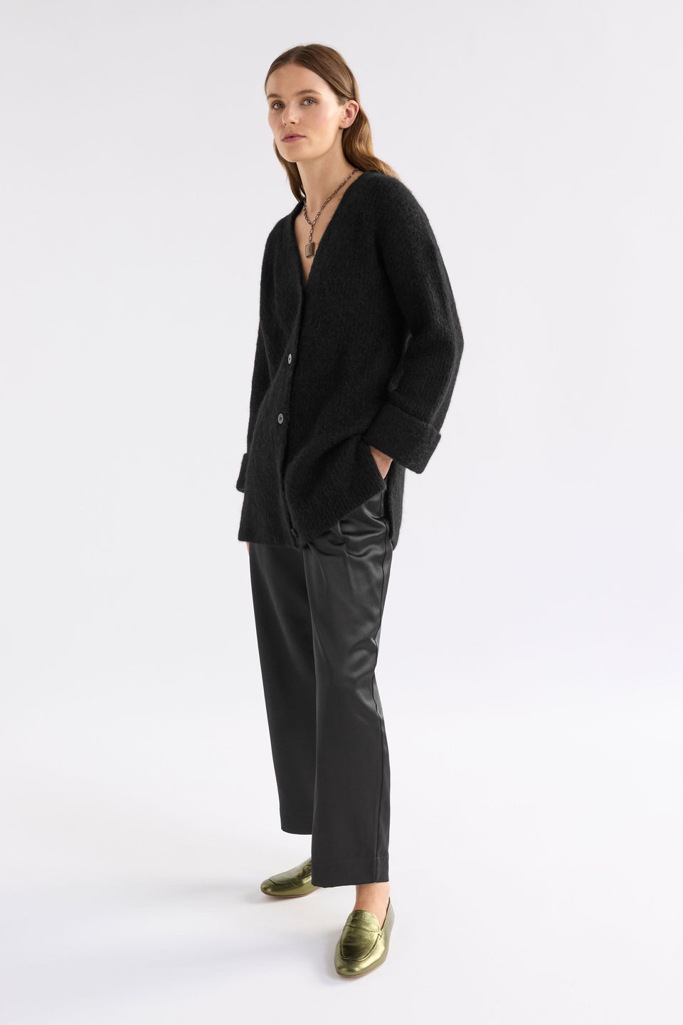 Aila Rib Lightweight Alpaca Merino Wool Long Line Cardigan Model Front Full Body | BLACK