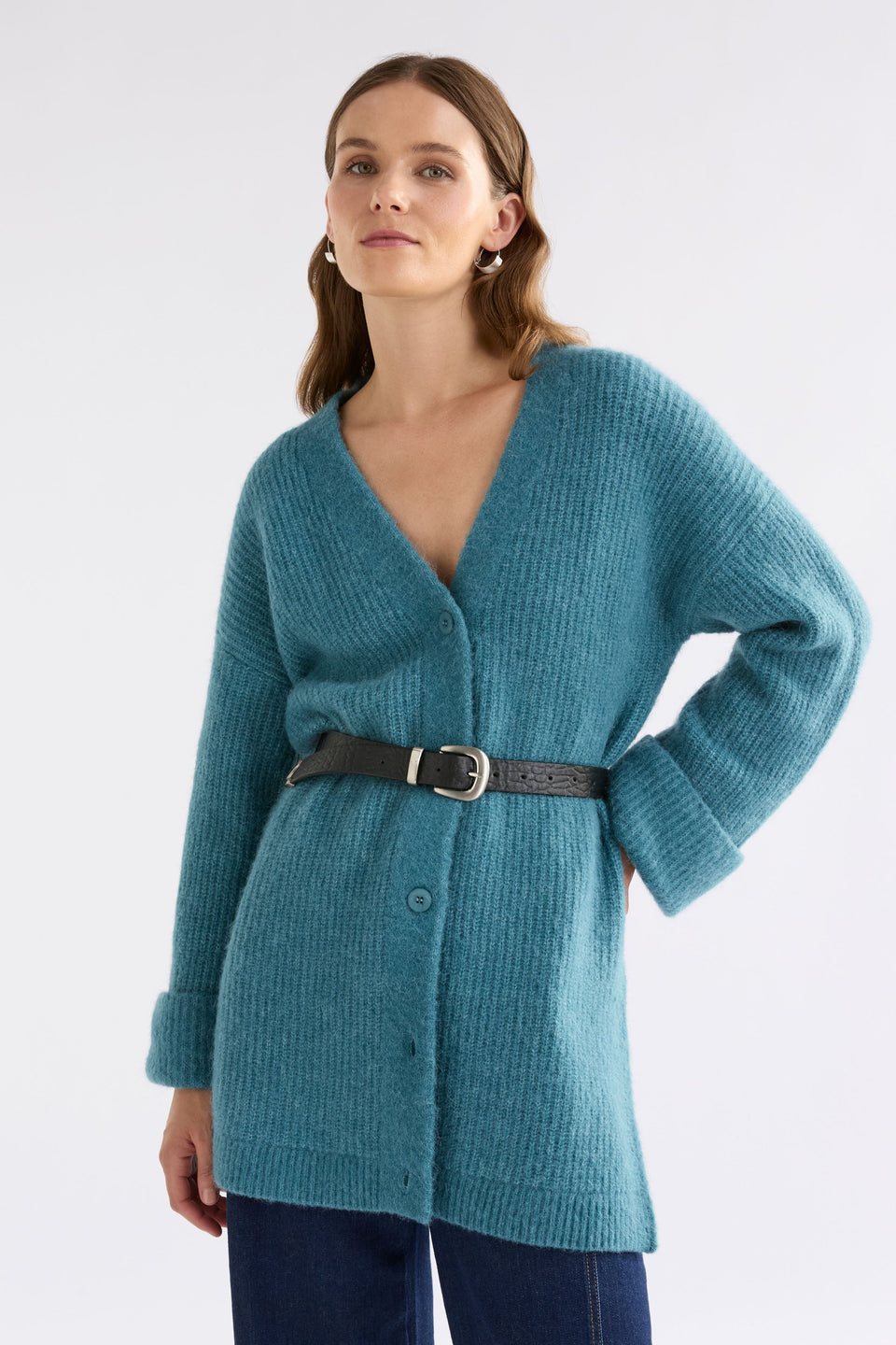 Aila Rib Lightweight Alpaca Merino Wool Long Line Cardigan Model Front | STONE BLUE