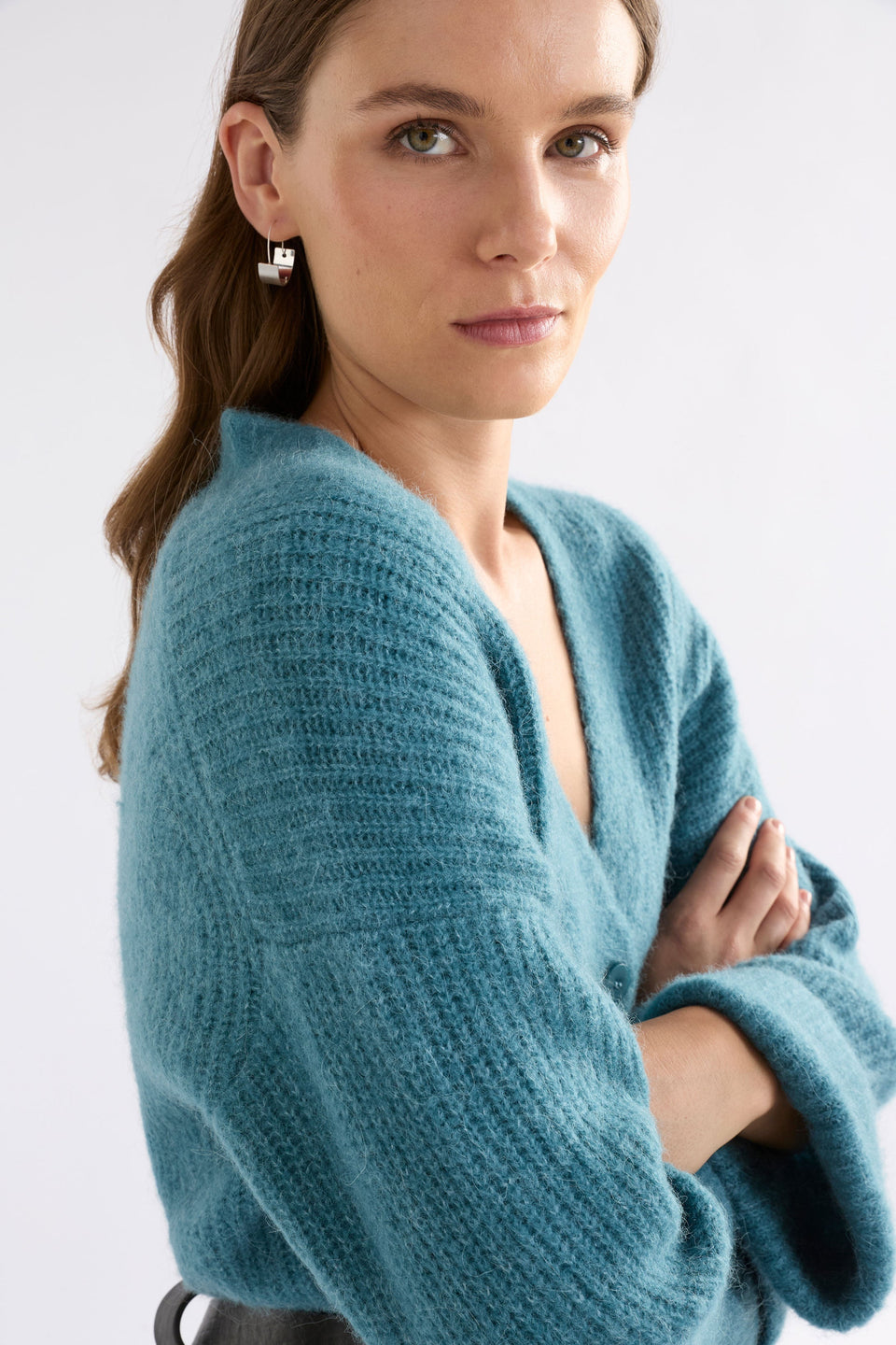 Aila Rib Lightweight Alpaca Merino Wool Long Line Cardigan Model Front Detail | STONE BLUE