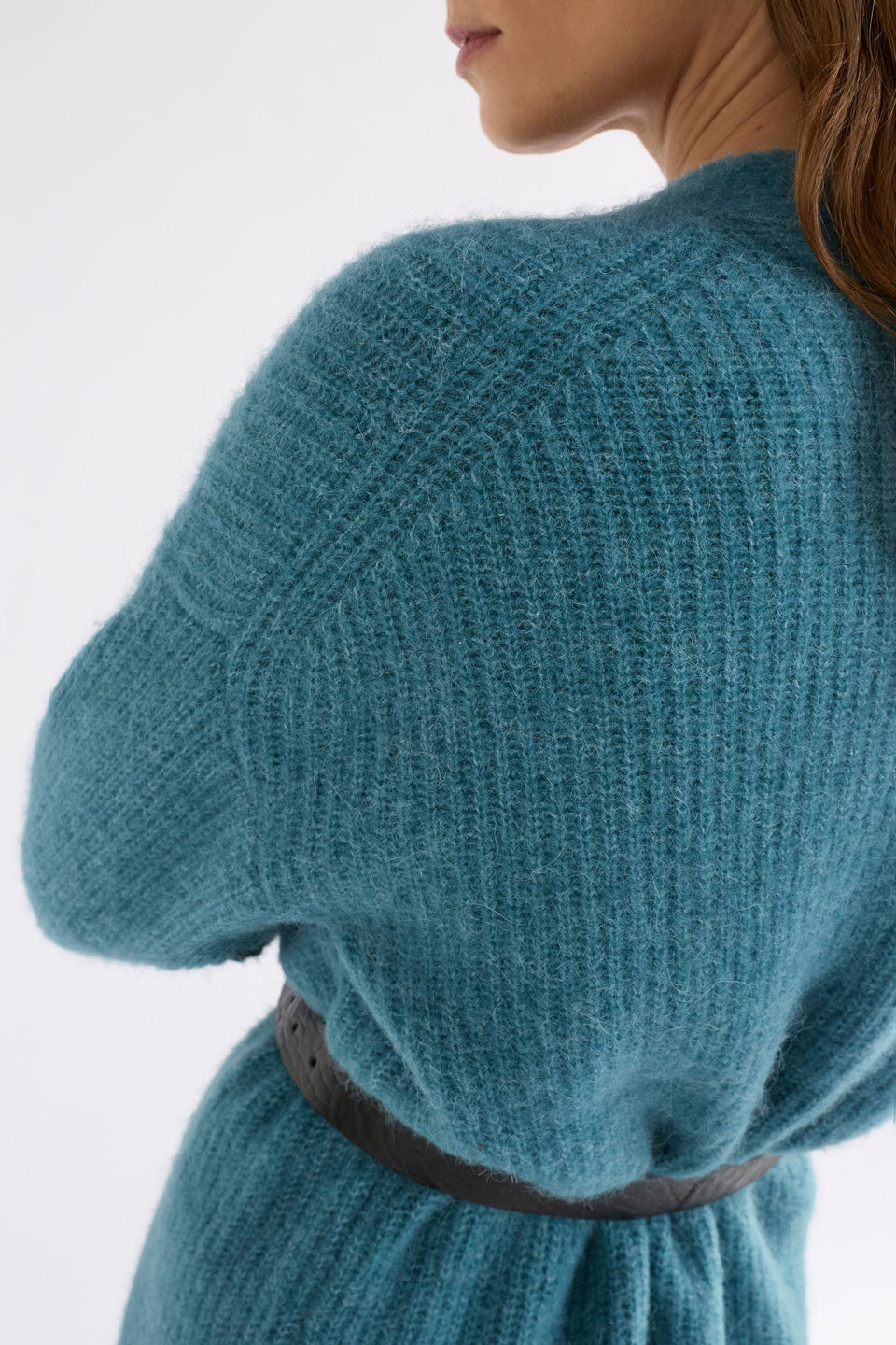 Aila Rib Lightweight Alpaca Merino Wool Long Line Cardigan Model Back Detail | STONE BLUE