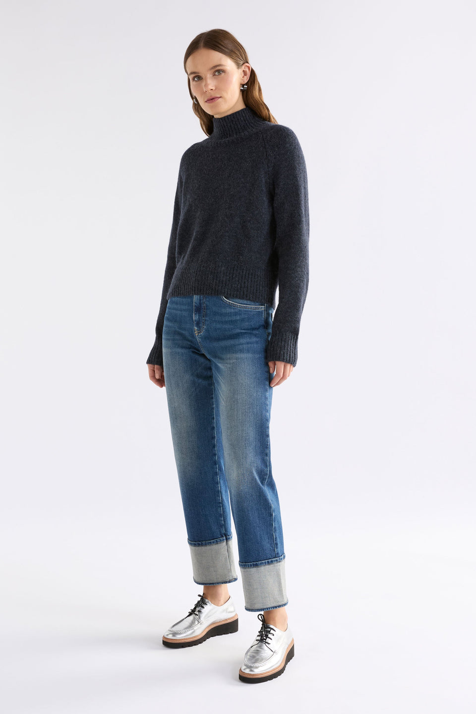 Enka Neat Fit Funnel Neck Sweater Model Full Body side | CARBON