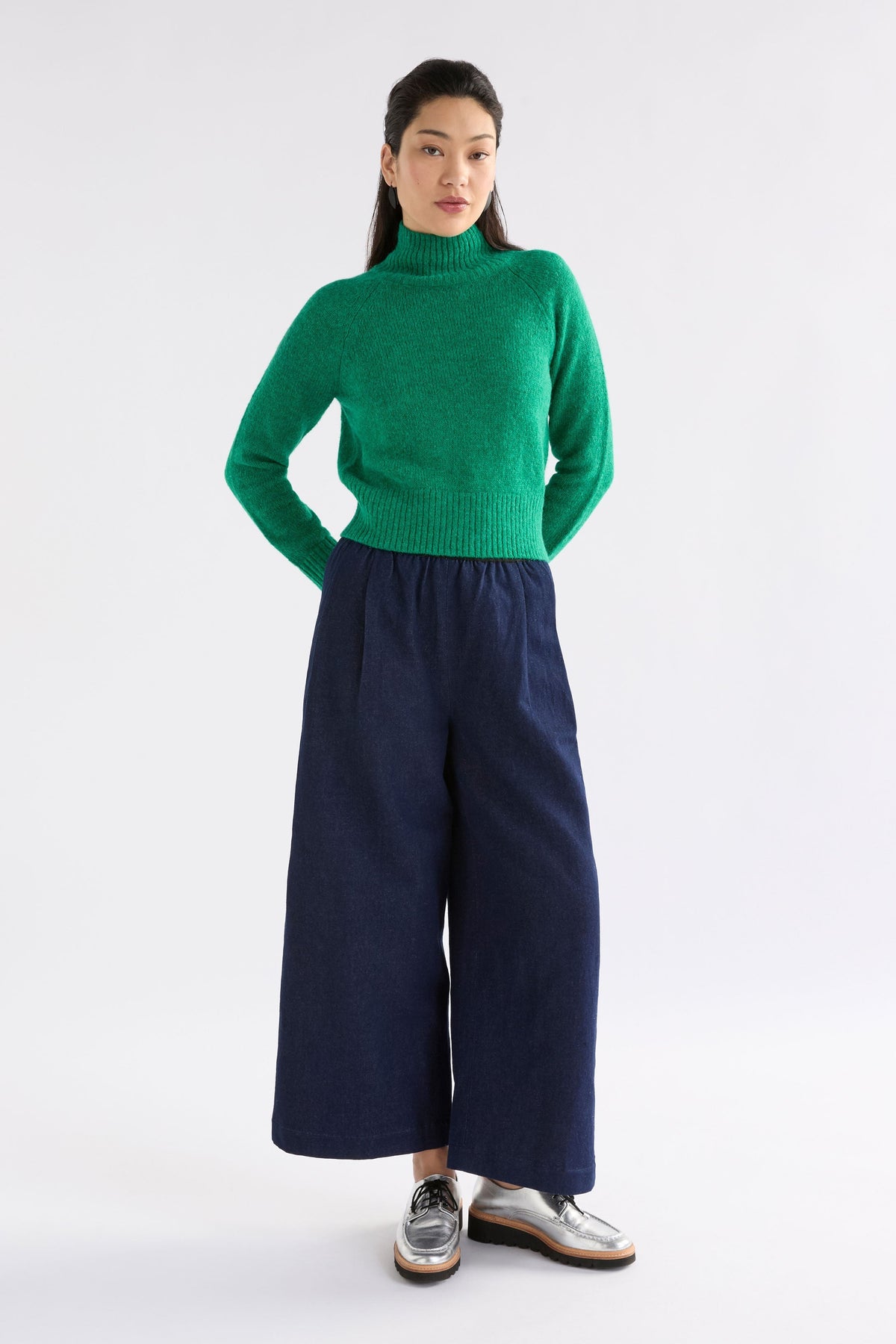 Enka Neat Fit Funnel Neck Sweater Model Front Full Body | MILAN GREEN