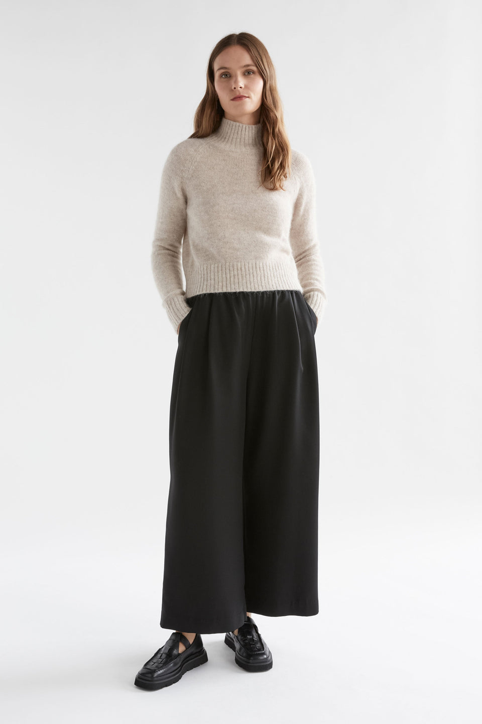 Enka Neat Fit Funnel Neck Sweater Model Front full Body | ECRU