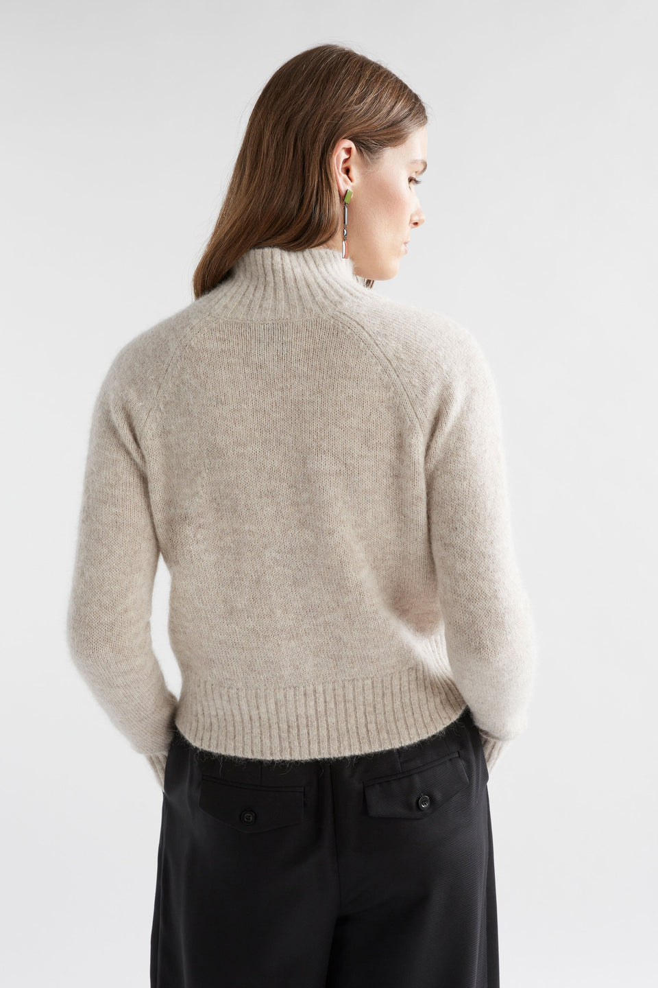 Enka Neat Fit Funnel Neck Sweater Model Back | ECRU
