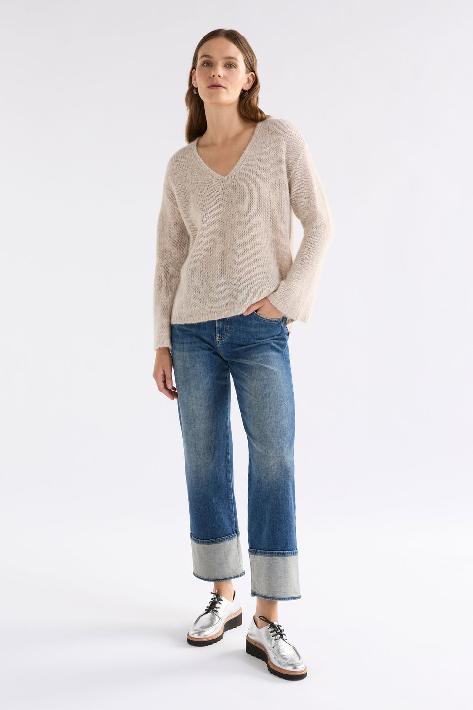 Anken V-Neck Bell Sleeve Alpaca Merino Knit Cream Sweater Model Front Full Body | ECRU