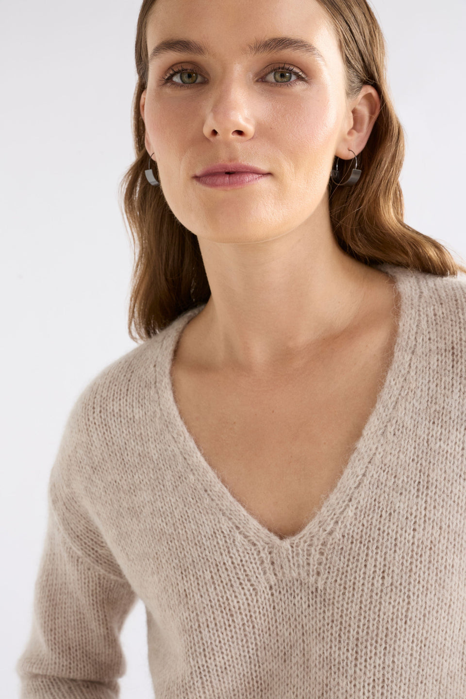 Anken V-Neck Bell Sleeve Alpaca Merino Knit Cream Sweater Model Front crop | ECRU