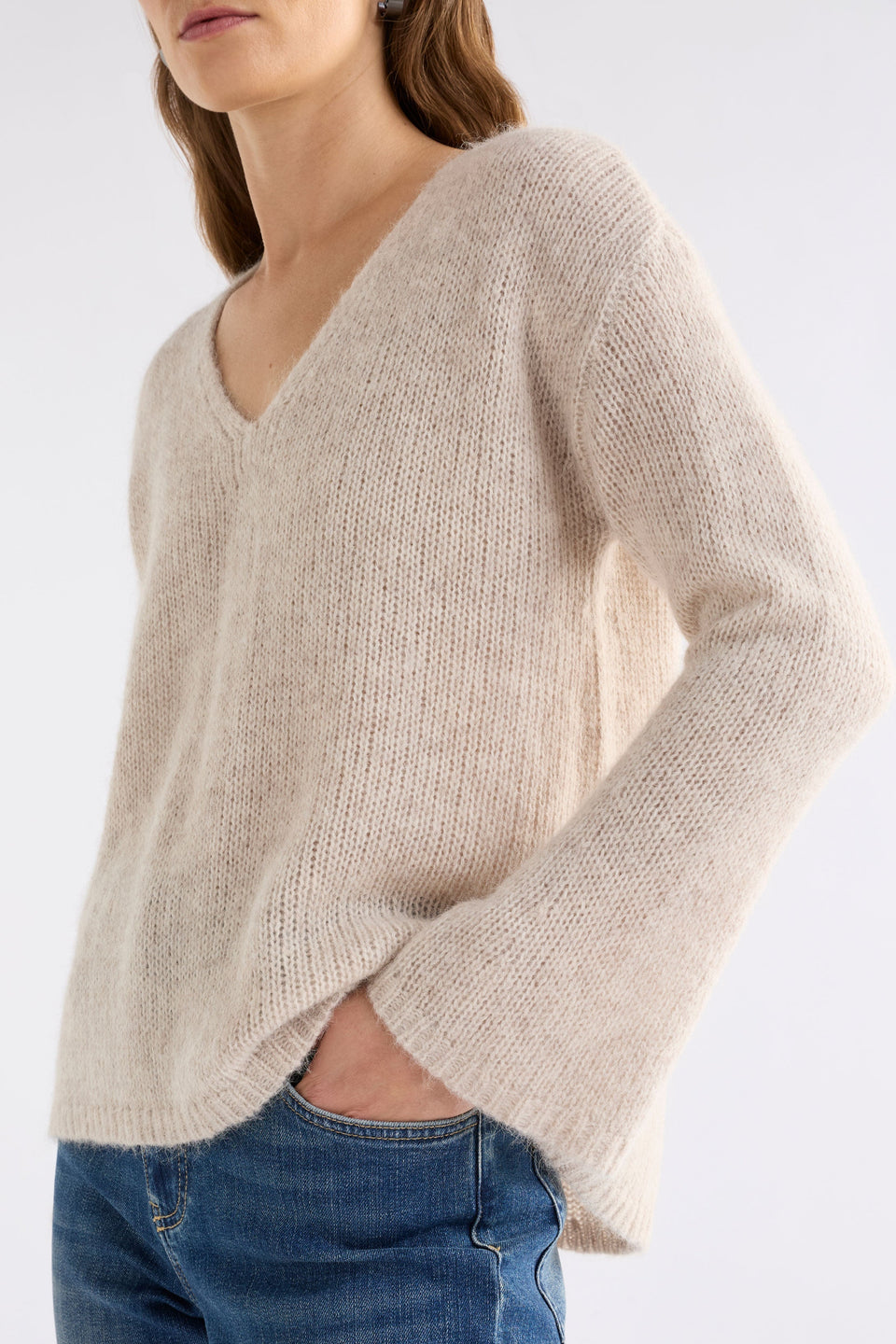 Anken V-Neck Bell Sleeve Alpaca Merino Knit Cream Sweater Model Side | ECRU