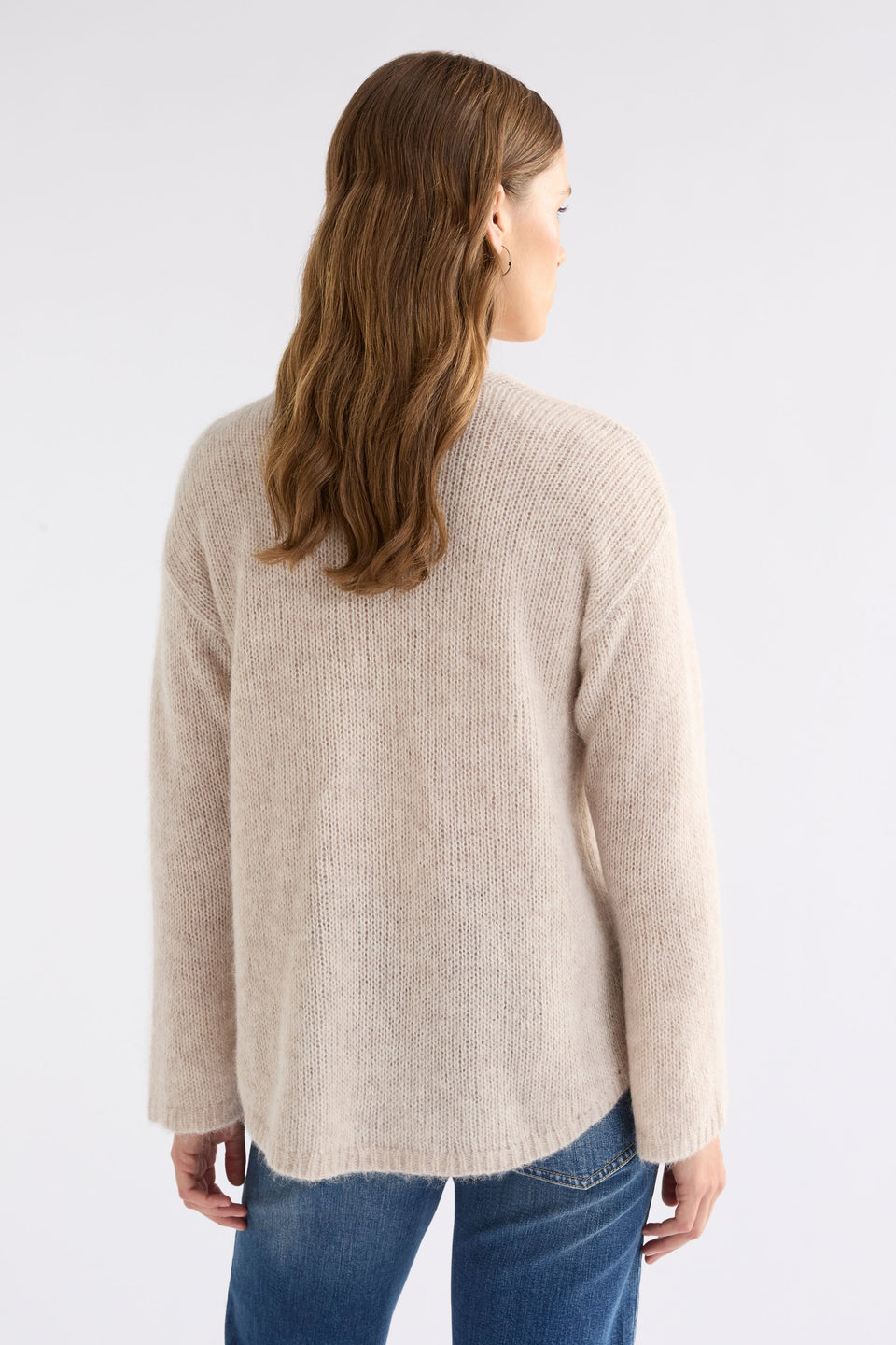 Anken V-Neck Bell Sleeve Alpaca Merino Knit Cream Sweater Model Back | ECRU