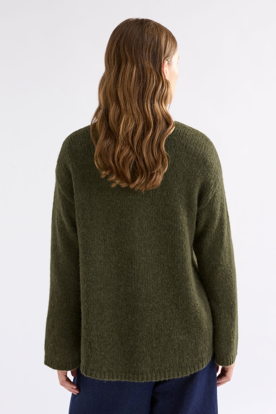 Anken V-Neck Bell Sleeve Alpaca Merino Knit Sweater Model Back | DARK OLIVE