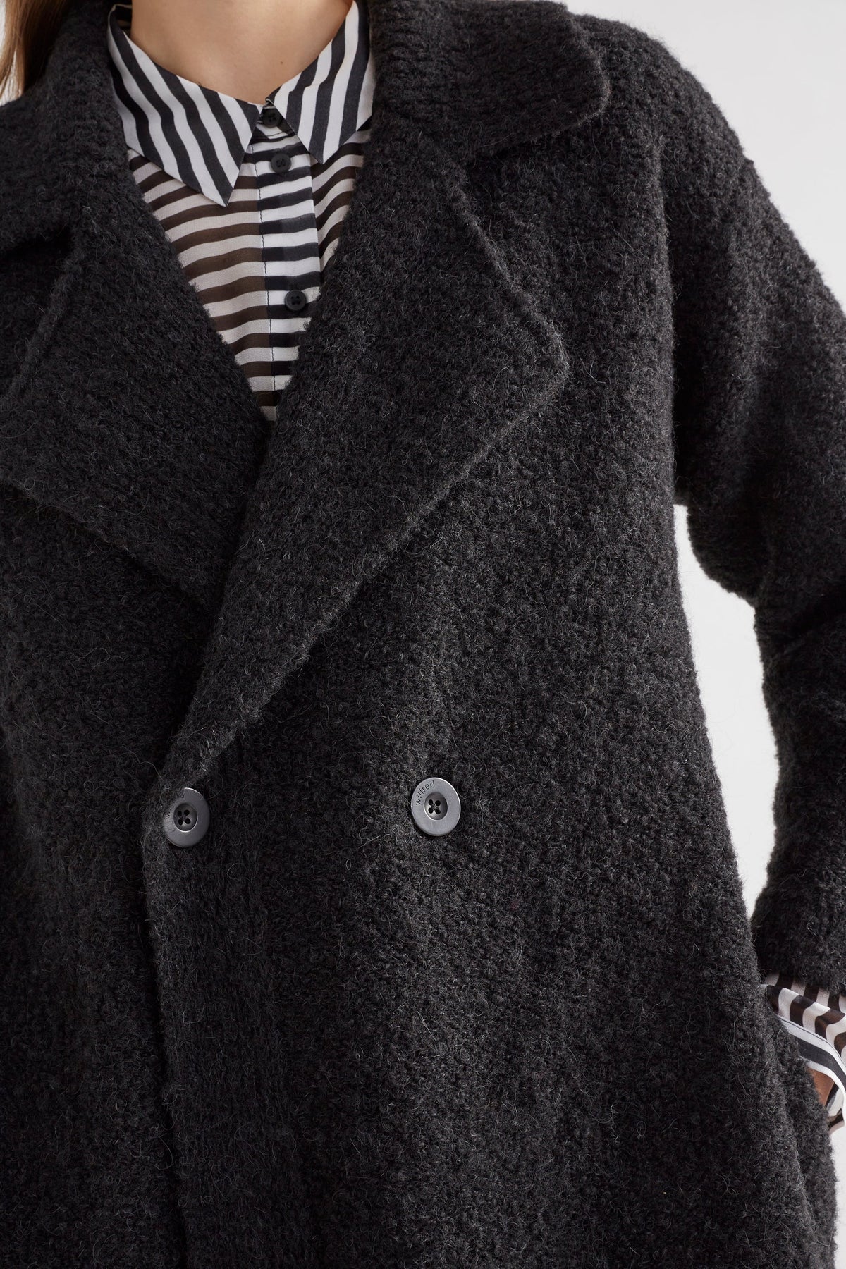 Tische Long Line Double Breasted Boucle Button Up Coatigan Cardigan Model Front detail | BLACK