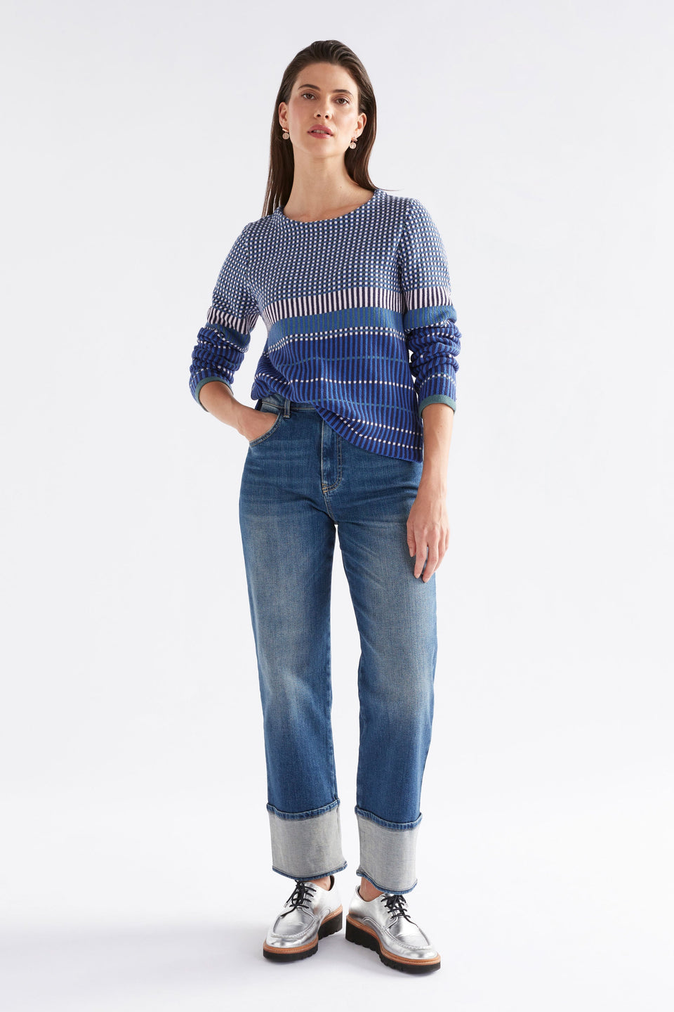 Cila Multi Check Organic Cotton Knit Jumper Model Front Full body sleeve up | BLUE MULTI