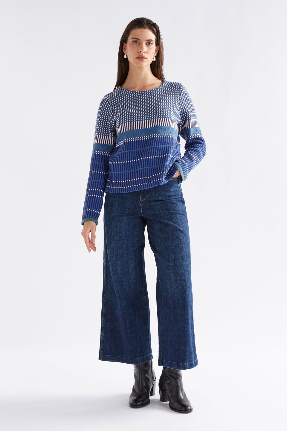 Cila Multi Check Organic Cotton Knit Jumper Model Front Full body sleeve down | BLUE MULTI