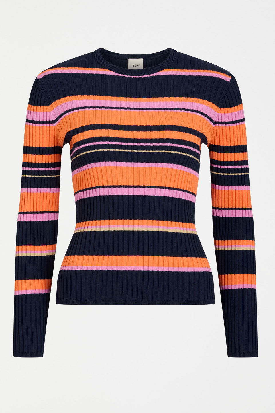 linki Stretch Ribbed Striped Navy, Orange and Pink Slim Fit Round Neck Sweater  Front | SLINKI STRIPE