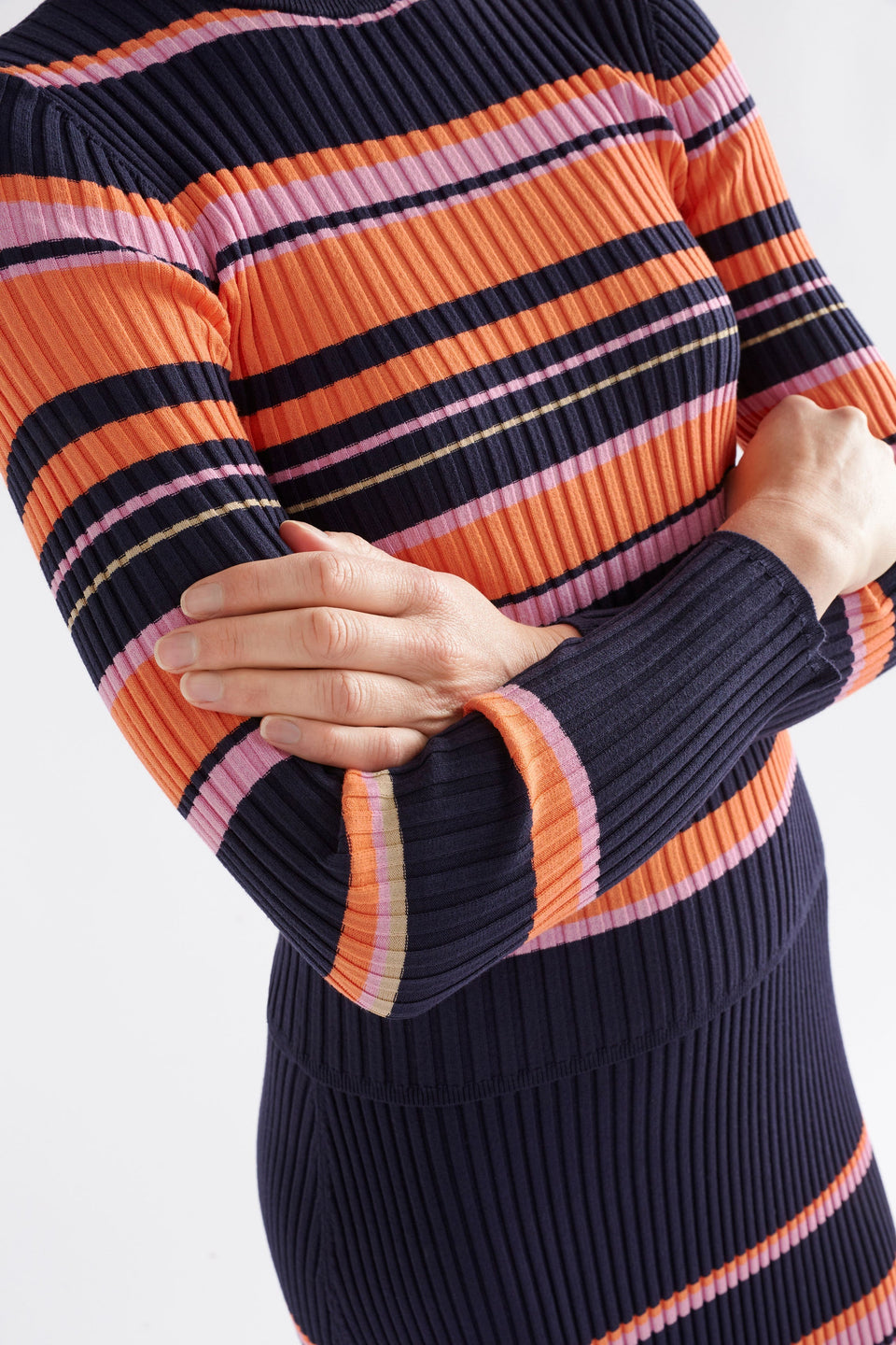 Slinki Stretch Ribbed Striped Navy, Orange and Pink Slim Fit Round Neck Sweater model Front Detail | SLINKI STRIPE