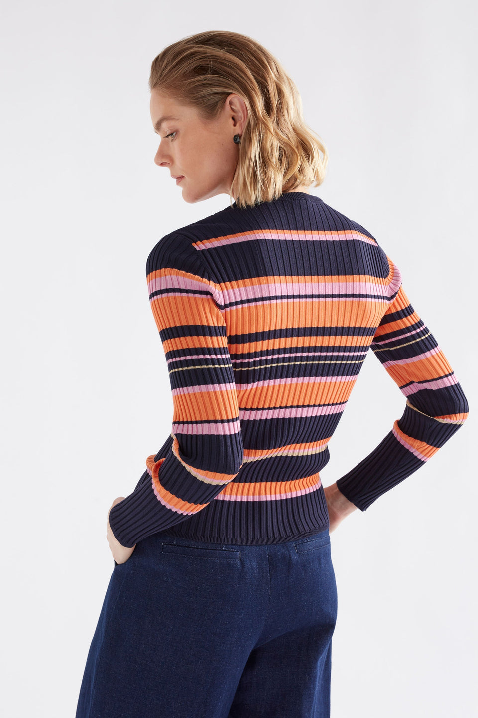 Slinki Stretch Ribbed Striped Navy, Orange and Pink Slim Fit Round Neck Sweater model back | SLINKI STRIPE