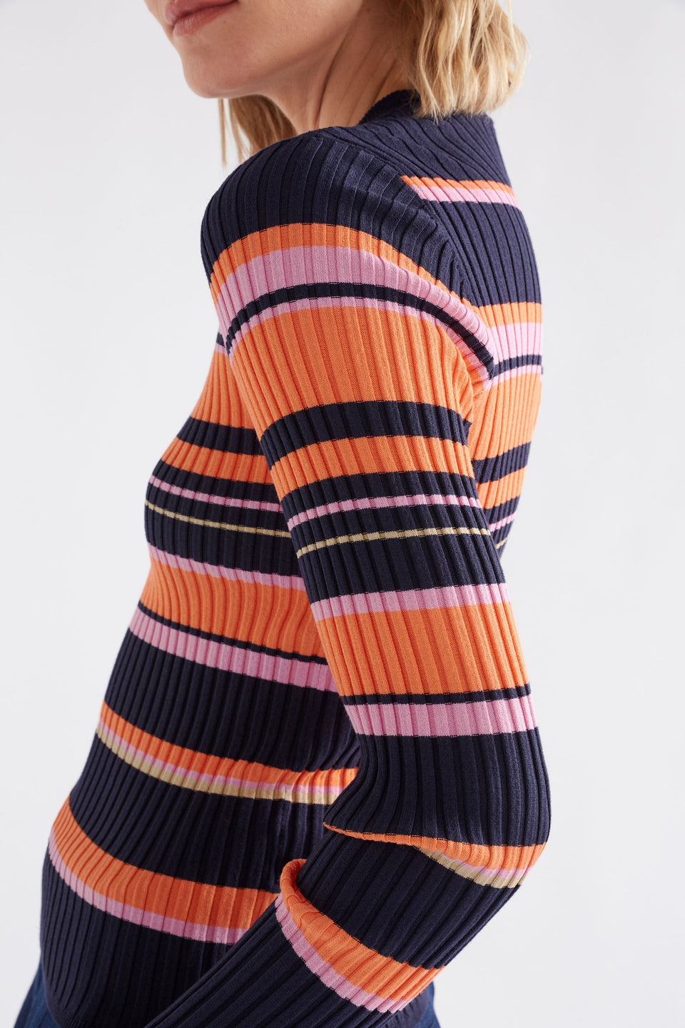Slinki Stretch Ribbed Striped Navy, Orange and Pink Slim Fit Round Neck Sweater model Side Detail | SLINKI STRIPE