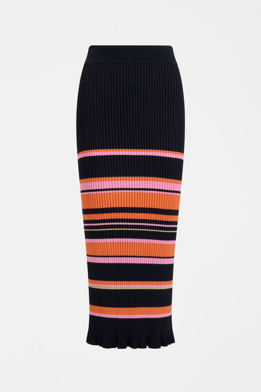 Slinki Stretch Ribbed Striped Navy, Orange and Pink Midi Pencil Skirt Front | SLINKI STRIPE