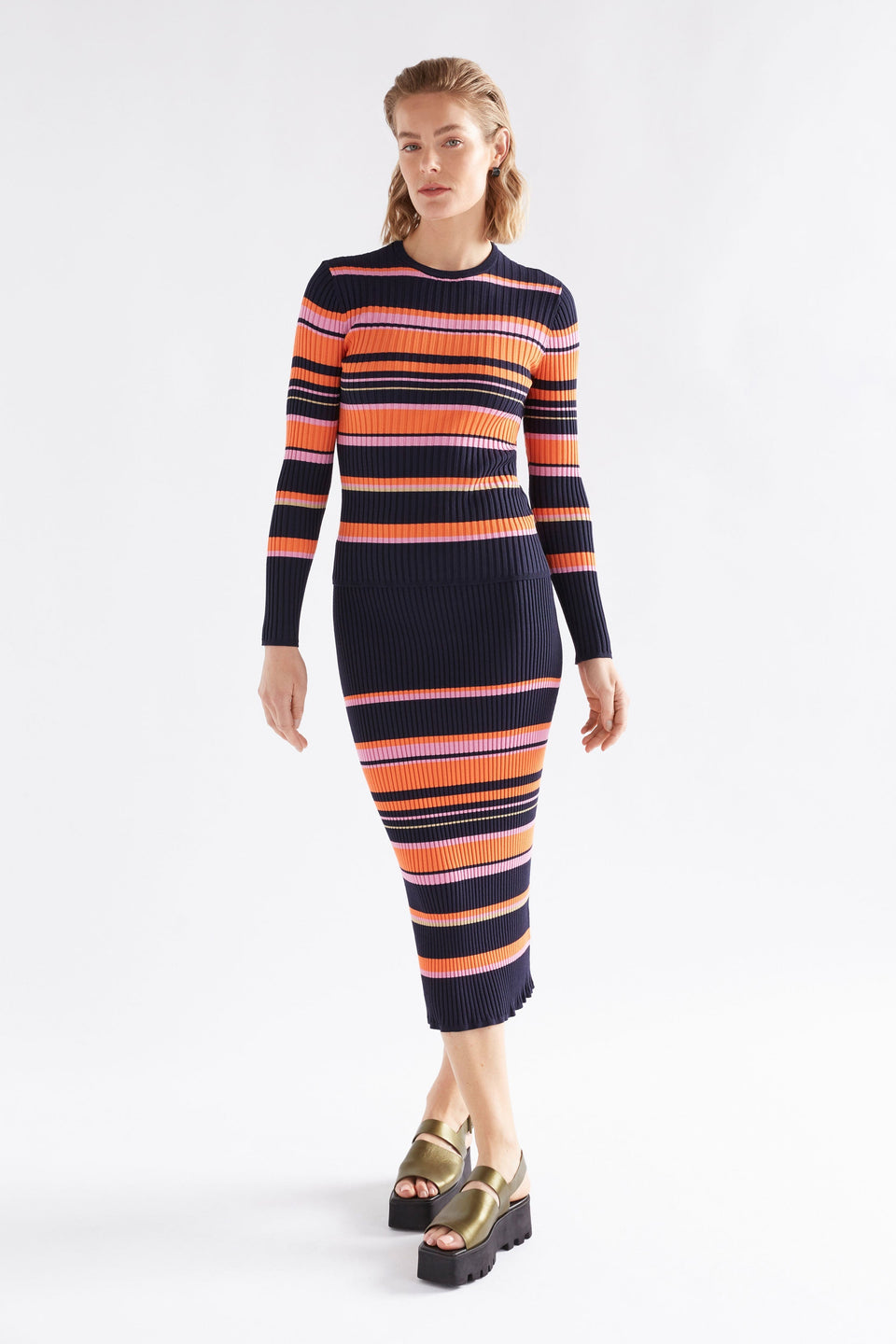 Slinki Stretch Ribbed Striped Navy, Orange and Pink Midi Pencil Skirt Model Front | SLINKI STRIPE