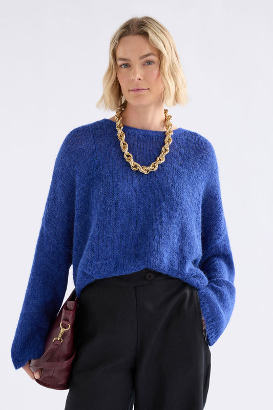 Agna Relaxed Box Fit Alpaca Yarn Knit Sweater Model Front | DEEP COBALT