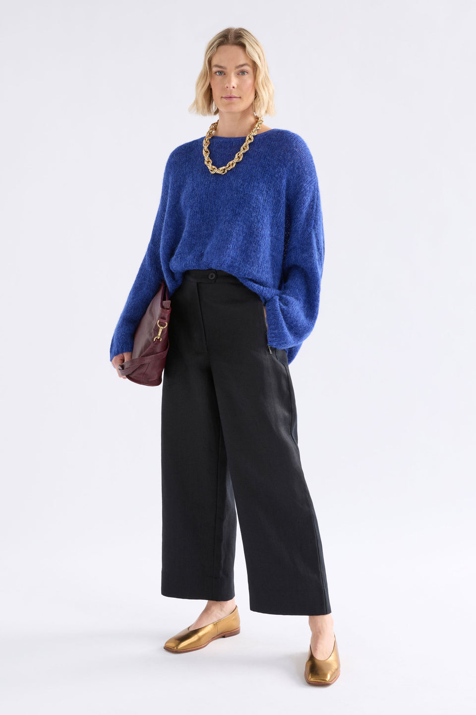 Agna Relaxed Box Fit Alpaca Yarn Knit Sweater Model Front | DEEP COBALT