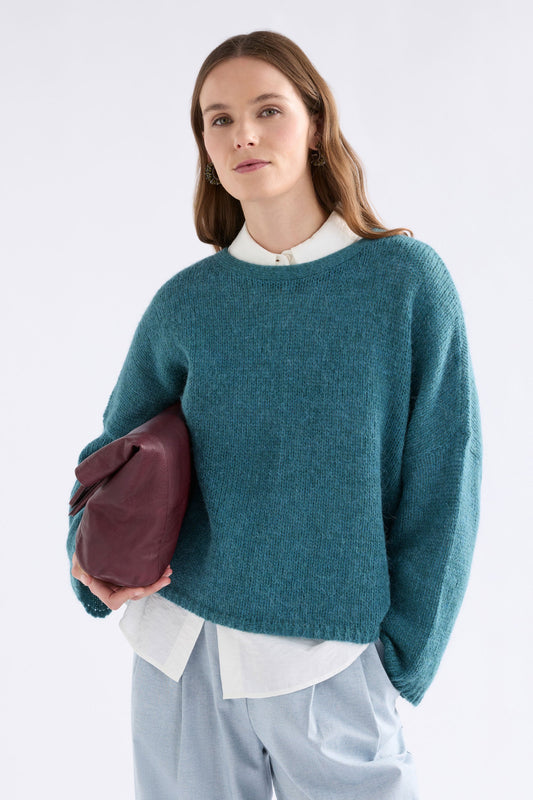 Agna Relaxed Box Fit Alpaca Yarn Knit Sweater Model Front | STONE BLUE