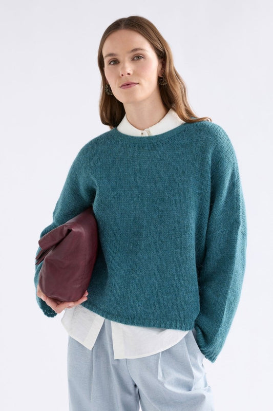Agna Relaxed Box Fit Alpaca Yarn Knit Sweater Model Front | STONE BLUE