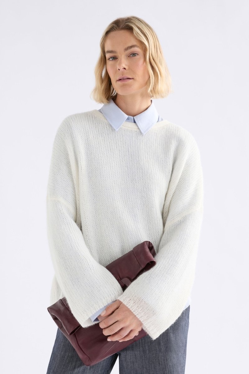 Agna Relaxed Box Fit Alpaca Yarn Knit Sweater Model Front | OFF WHITE