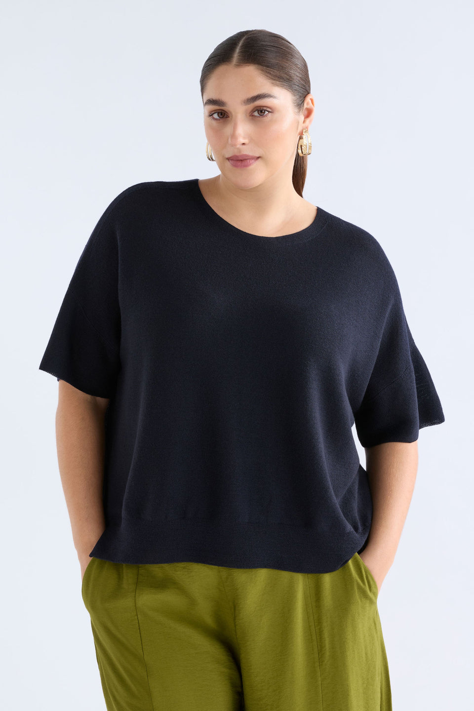 Kita Fine Merino Knit Short Sleeve Top ELK | MIDNIGHT