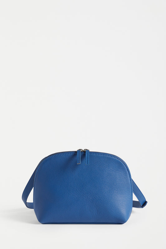 Orcas Half Moon Zip Up Small Leather Bag front | DEEP BLUE