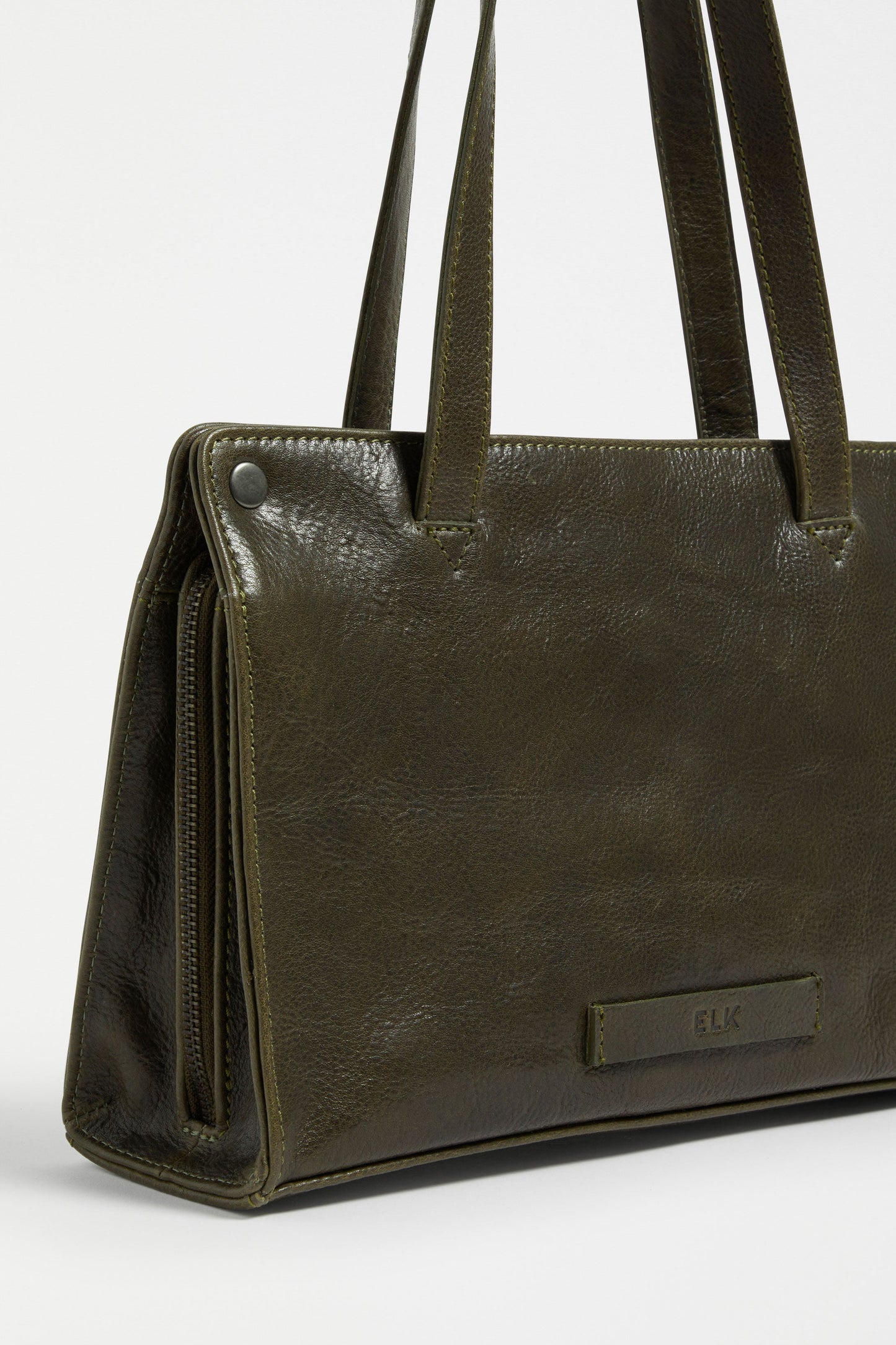 Mini Remnant Leather Zip Up Small Shoulder Bag Detail | DARK OLIVE