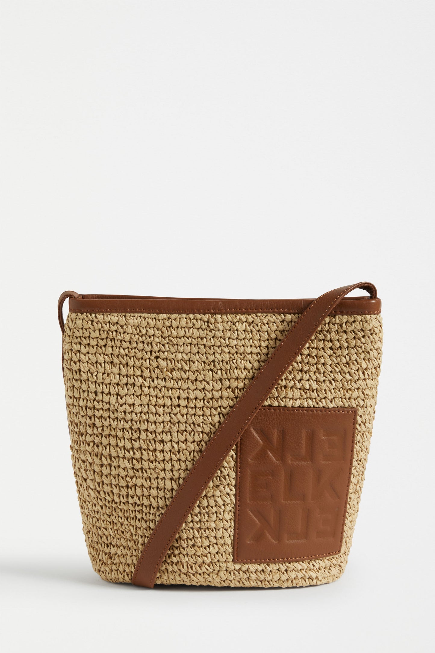 Korsa Raffia and Leather Zip Up Crossbody Medium Bag Front | NATURAL