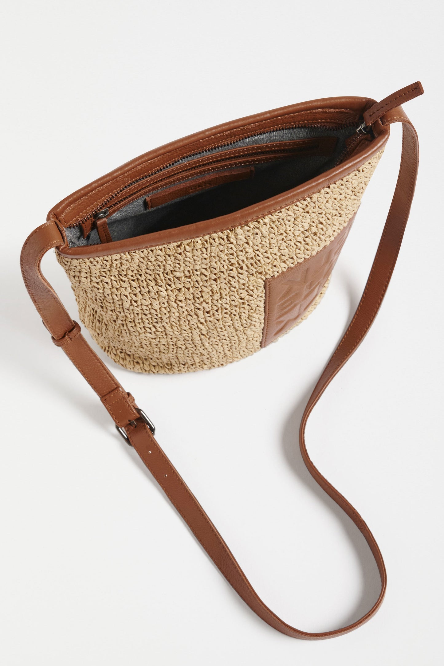 Korsa Raffia and Leather Zip Up Crossbody Medium Bag Internal | NATURAL