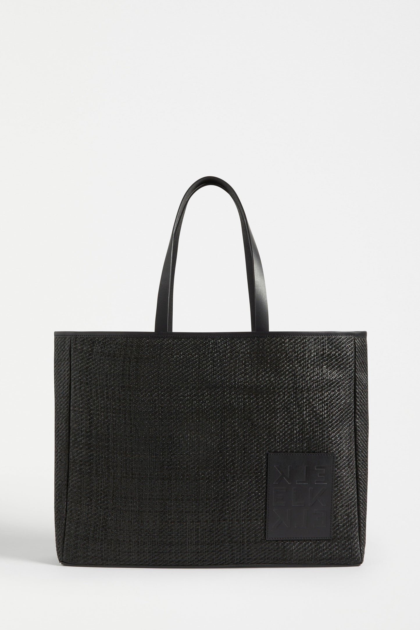 Siv Large Raffia Tote with Leather Trim and Magnetic Closure Front | BLACK