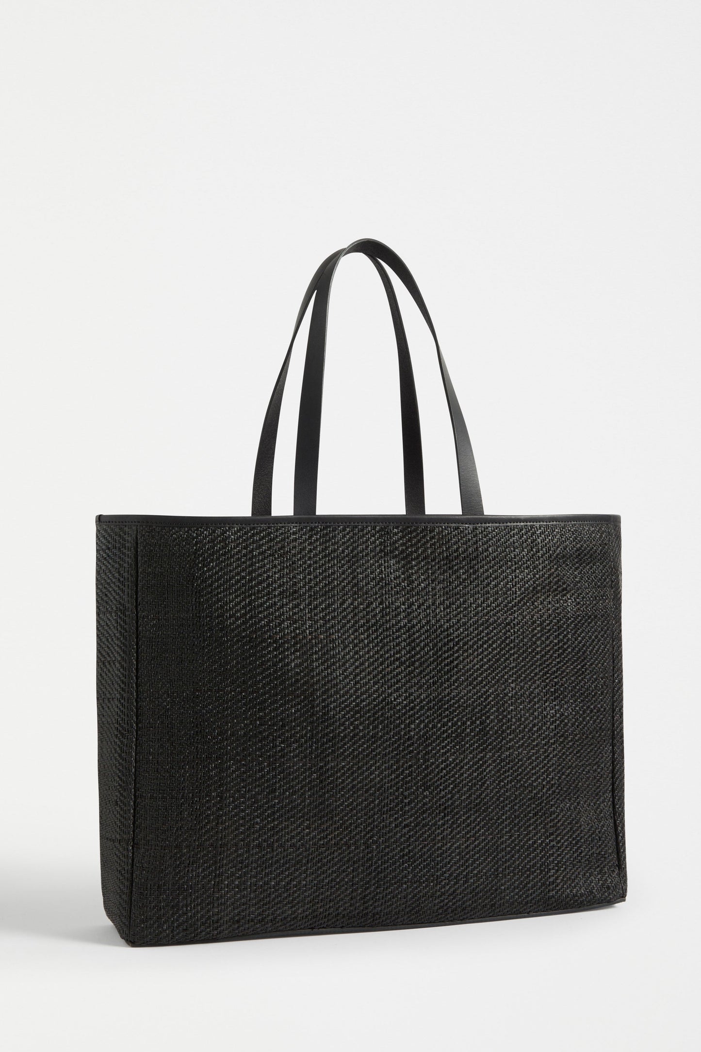 Siv Large Raffia Tote with Leather Trim and Magnetic Closure Back | BLACK