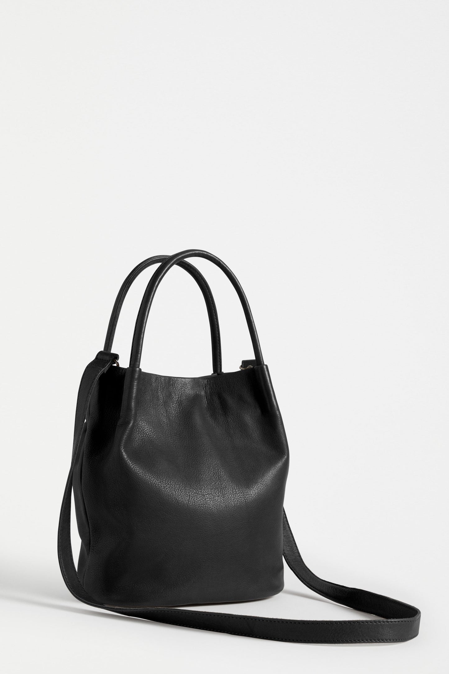 Mini Remnant Leather Orsa Bucket Bag with Fixed Handle and Detachable Strap Front | BLACK