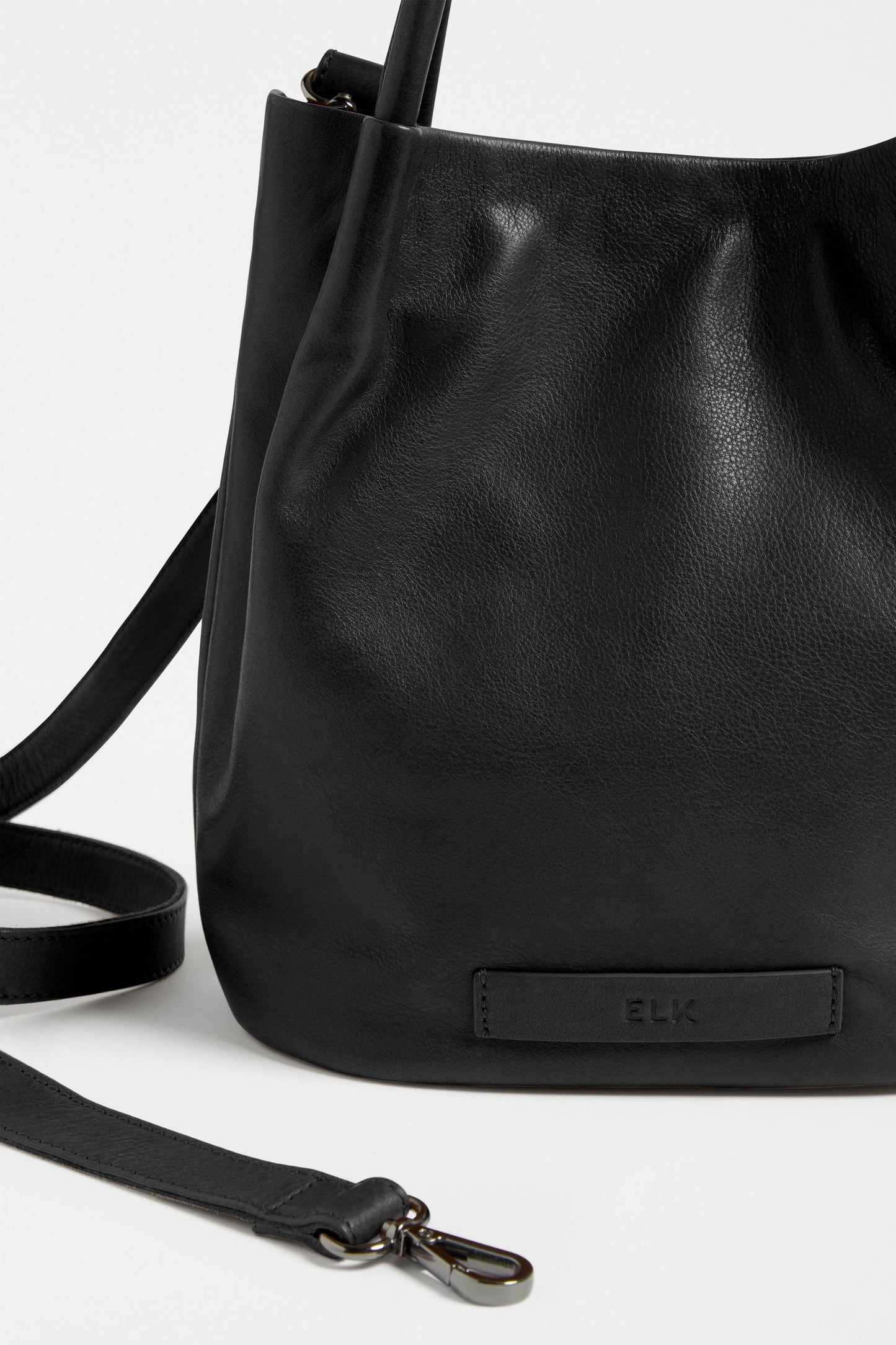 Mini Remnant Leather Orsa Bucket Bag with Fixed Handle and Detachable Strap detail | BLACK