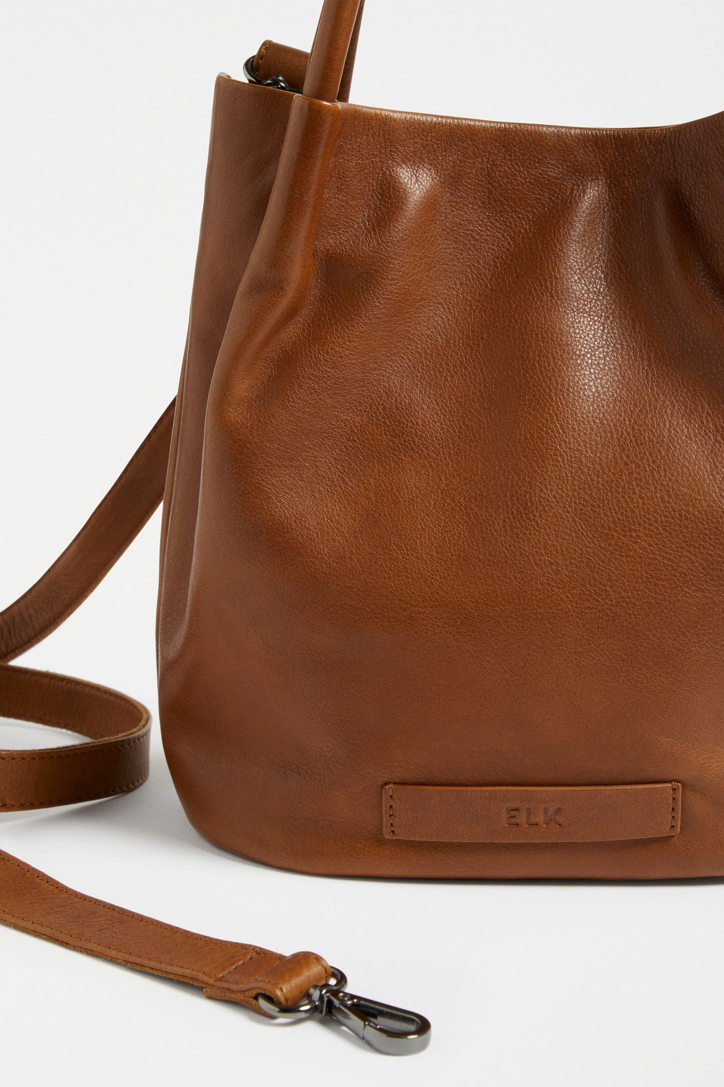 Mini Remnant Leather Orsa Bucket Bag with Fixed Handle and Detachable Strap Detail | TAN