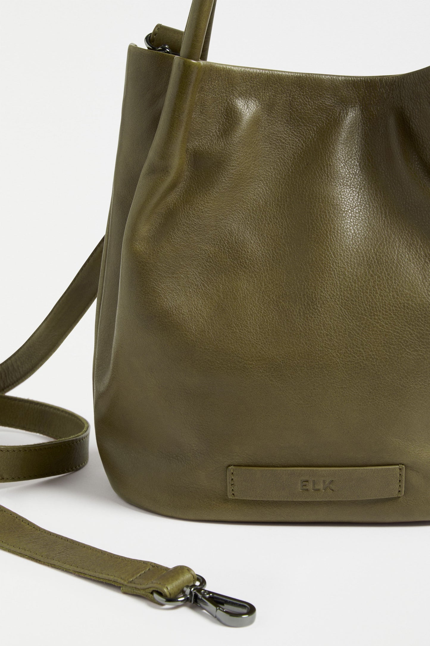 Mini Remnant Leather Orsa Bucket Bag with Fixed Handle and Detachable Strap detail | OLIVE