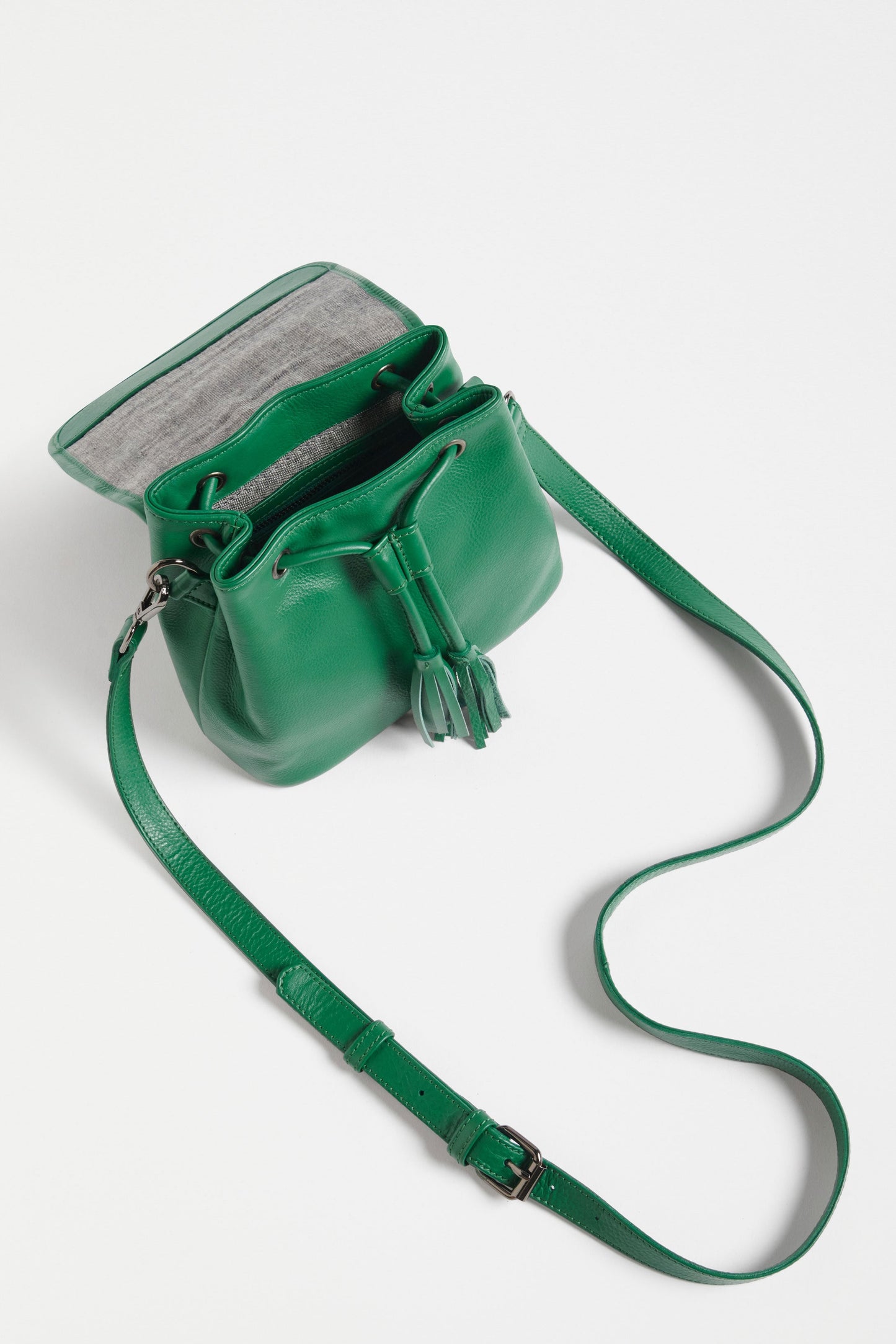 Jago Small Remanent Leather Drawstring Crossbody Bag with Tassel Detail Internal | LEAF GREEN