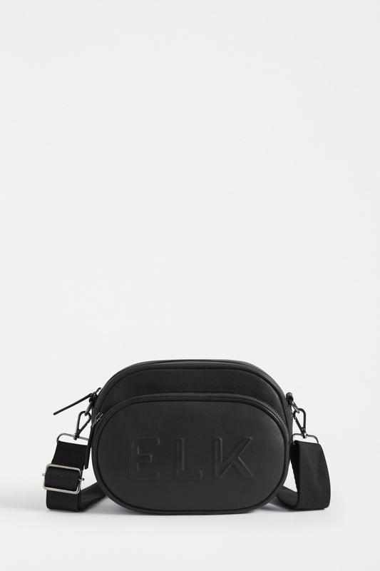 Eila Remanant Leather Front Pocket Logo Crossbody Bag Front | BLACK