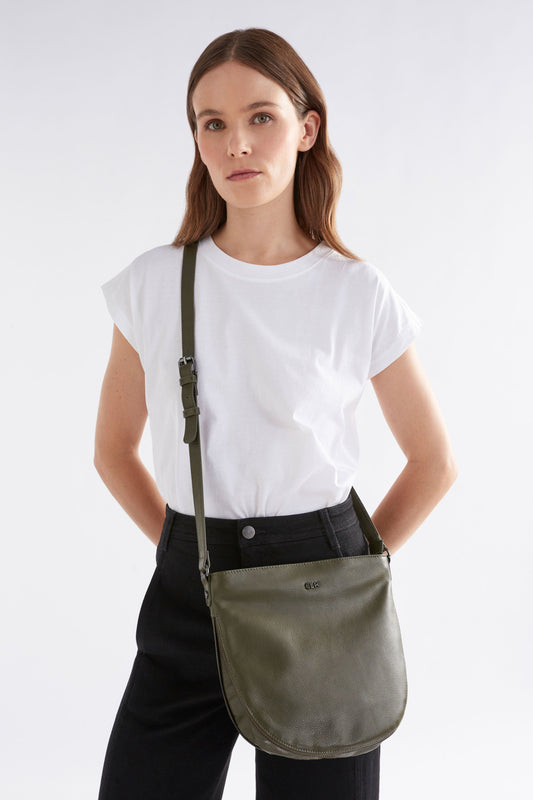 Nors Half Moon Leather Crossbody Bag Front model | OLIVE