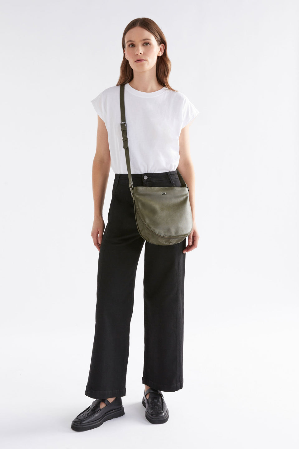 Nors Half Moon Leather Crossbody Bag Front Model full body | OLIVE