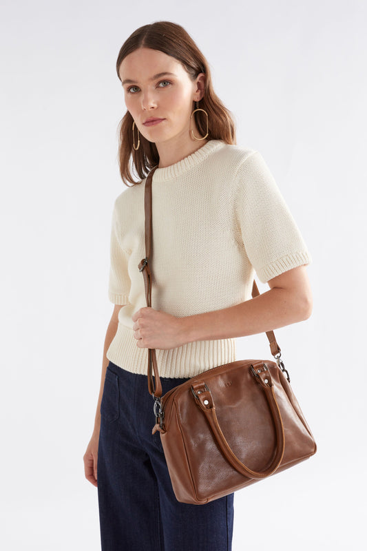 Arta Leather Bowler Inspired Crossbody Bag Front Model | TAN