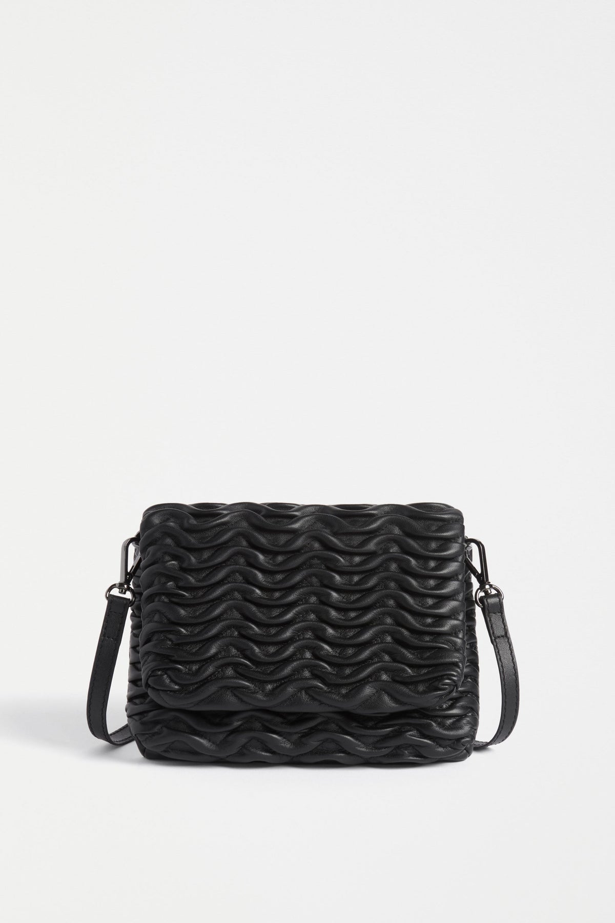 Plissi Smocked Textured Leather Clutch Crossbody Bag Front | BLACK