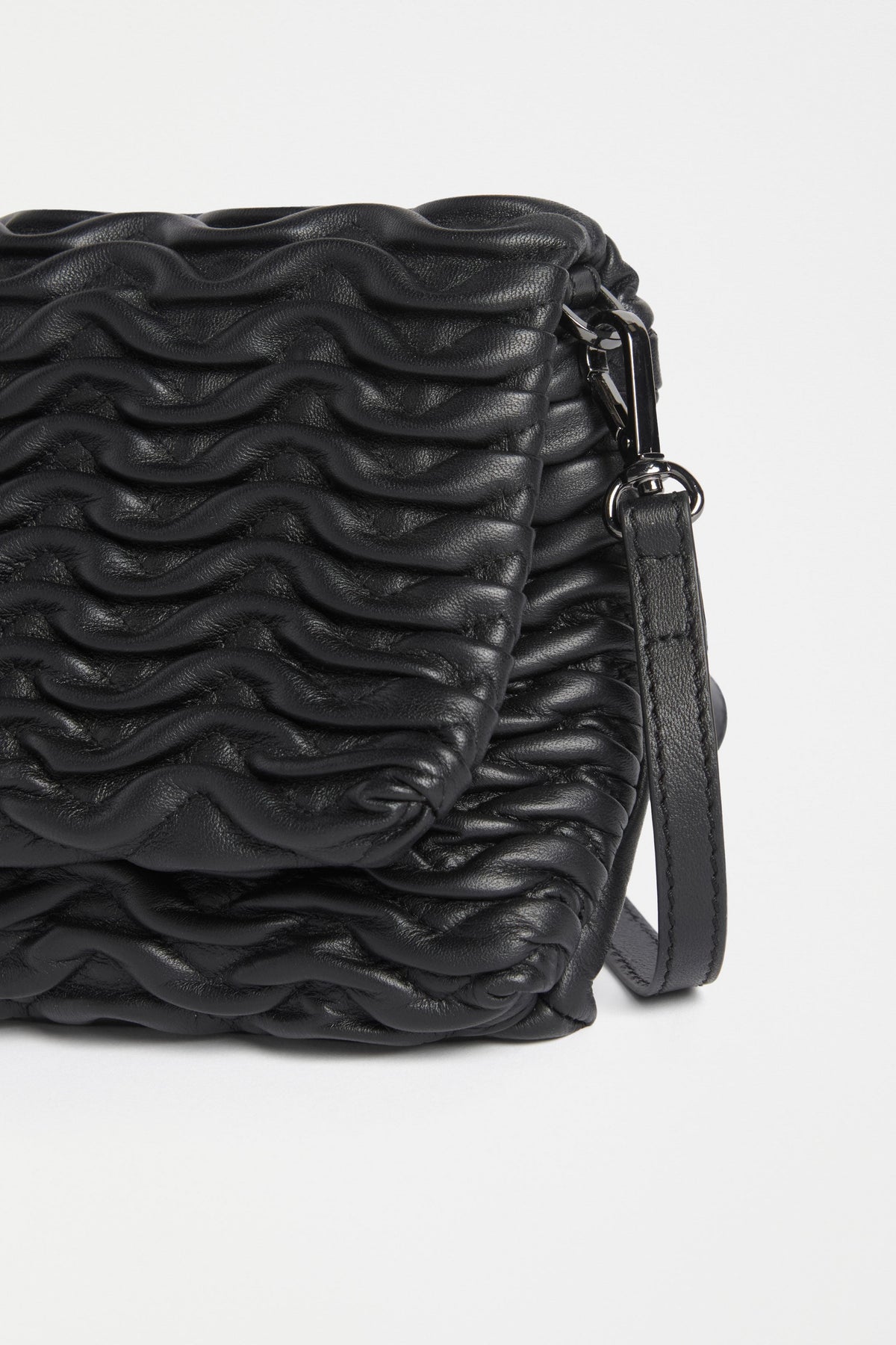 Plissi Smocked Textured Leather Clutch Crossbody Bag Detail | BLACK