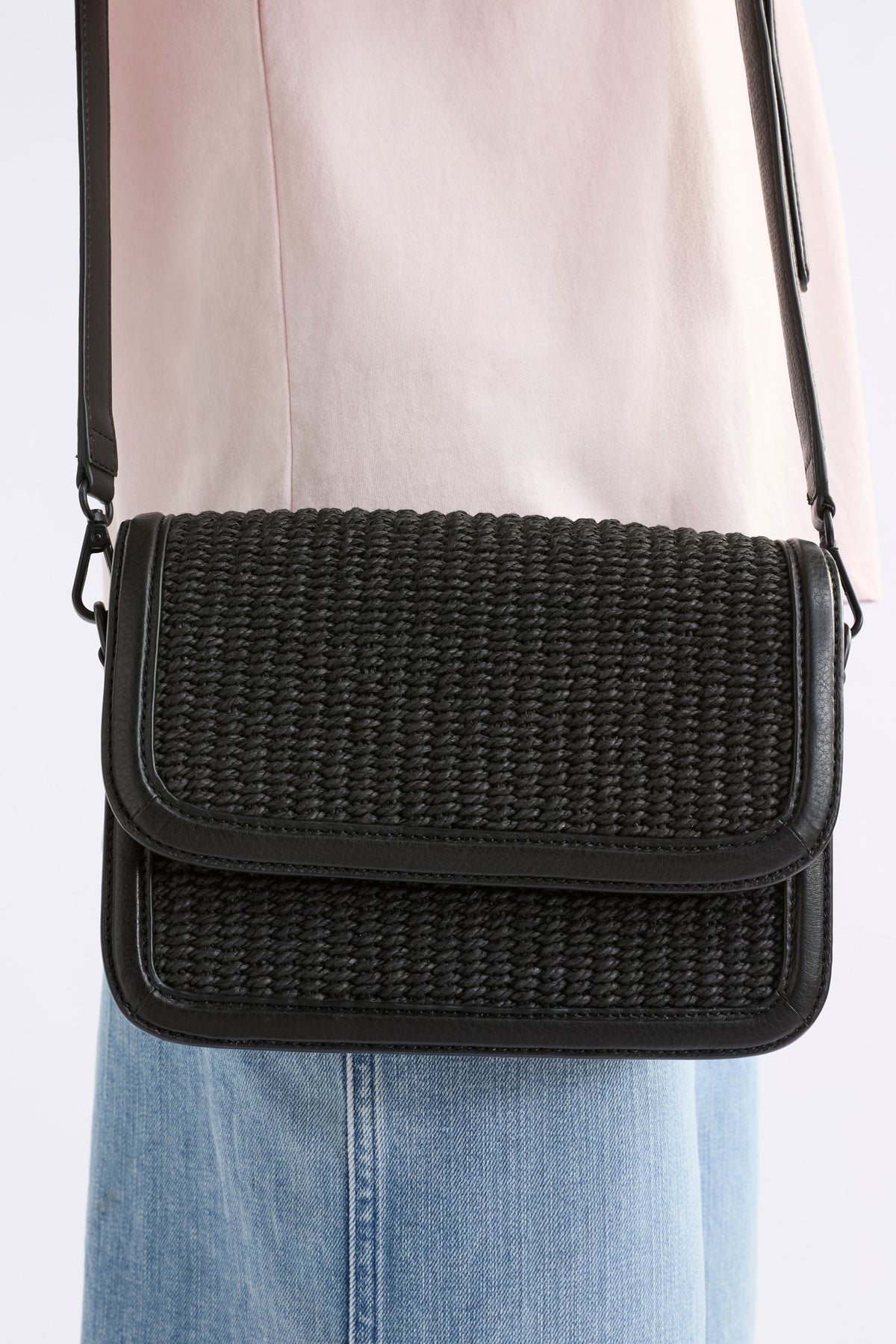 Ralffa Crossbody on model close up fabric detail | BLACK