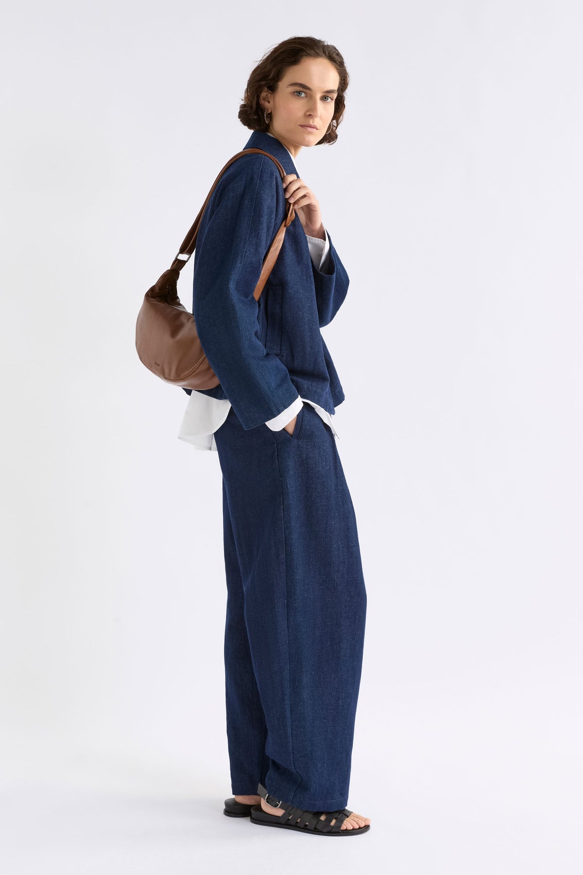 Junn Mini Bag styled on model full length | TAN