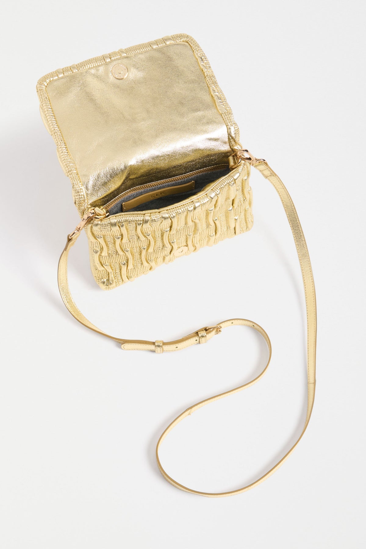 Liska Crossbody Bag Flat Lay inside view with pockets and strap | GOLD