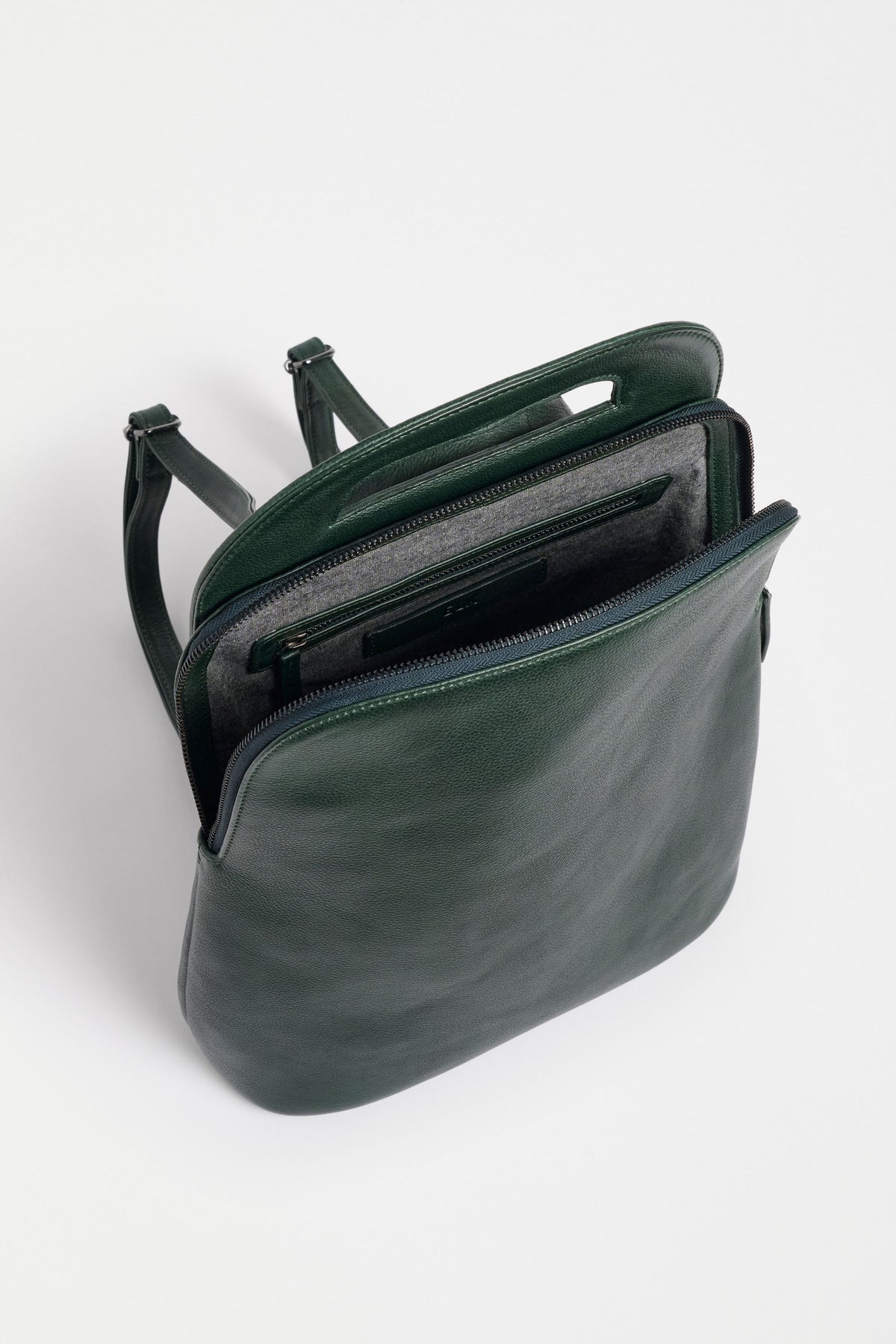 Forde Soft Cow Leather Backpack open with pockets | FOREST GREEN