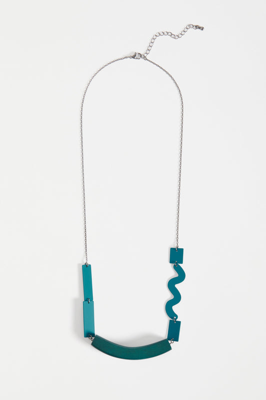 Tilse Fine Chain Wood and Metal Bead Asymmetric Necklace | TEAL